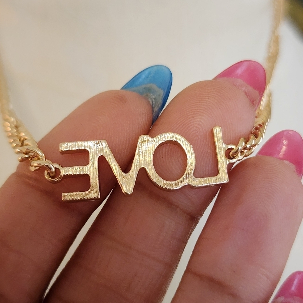 Gold Tone LOVE Pendant Necklace Minimalist Layering Chain - Picture 6 of 6